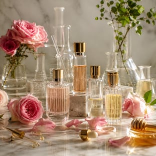 Perfume laboratory with luxury glass bottles and rose petals